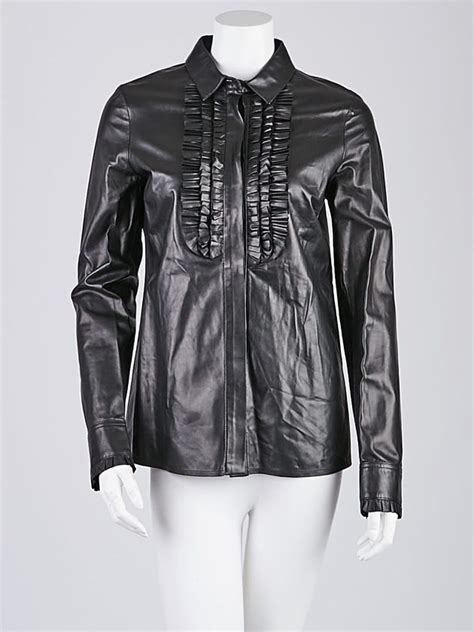 gucci black leather ruffle button down blouse